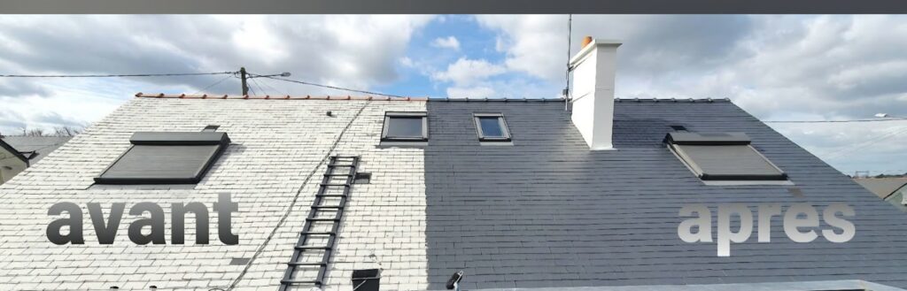 Avant et après une mise en peinture de toiture en ardoises fibres-ciment, chantier MN PROTECT